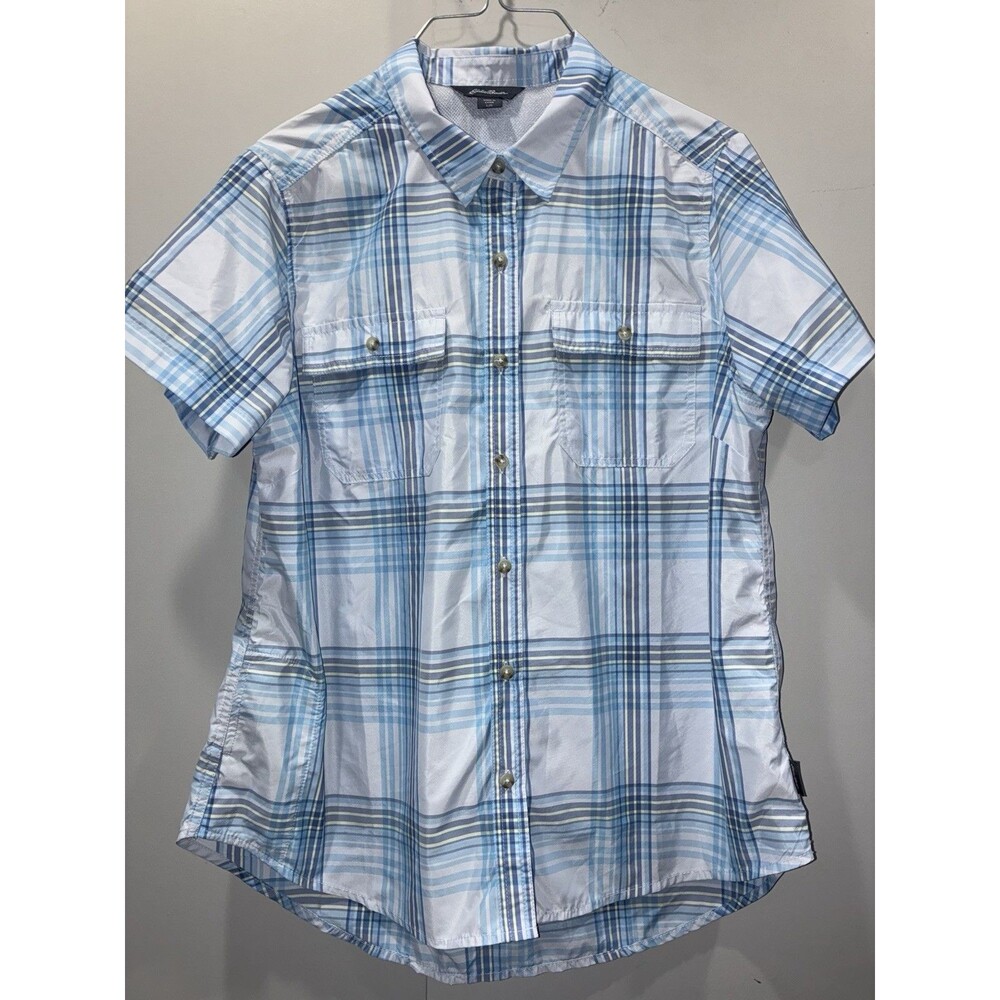 EDDIE BAUER Adventure Shirt Women's Lg UPF 50 Blue Plaid SS Moisture Wicking